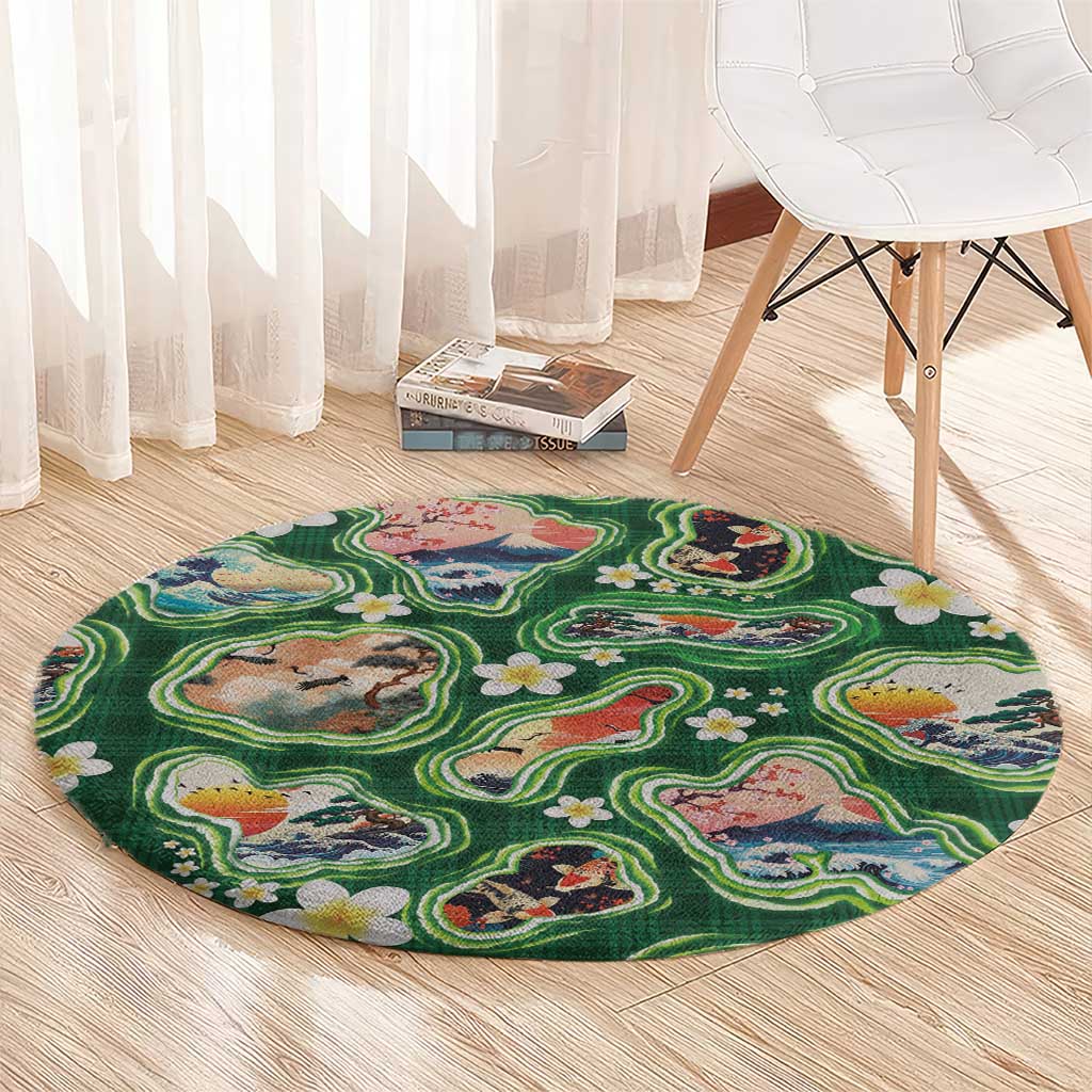 Hawaiian and Japanese Culture Together Round Carpet Hawaiian Island Shapes with Japanese Landscape Green Color LT03 - Polynesian Pride