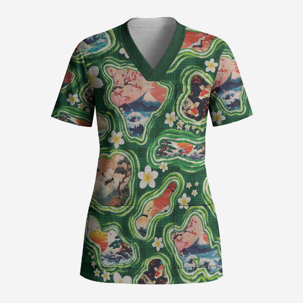 Hawaiian and Japanese Culture Together Scrub Top Hawaiian Island Shapes with Japanese Landscape Green Color
