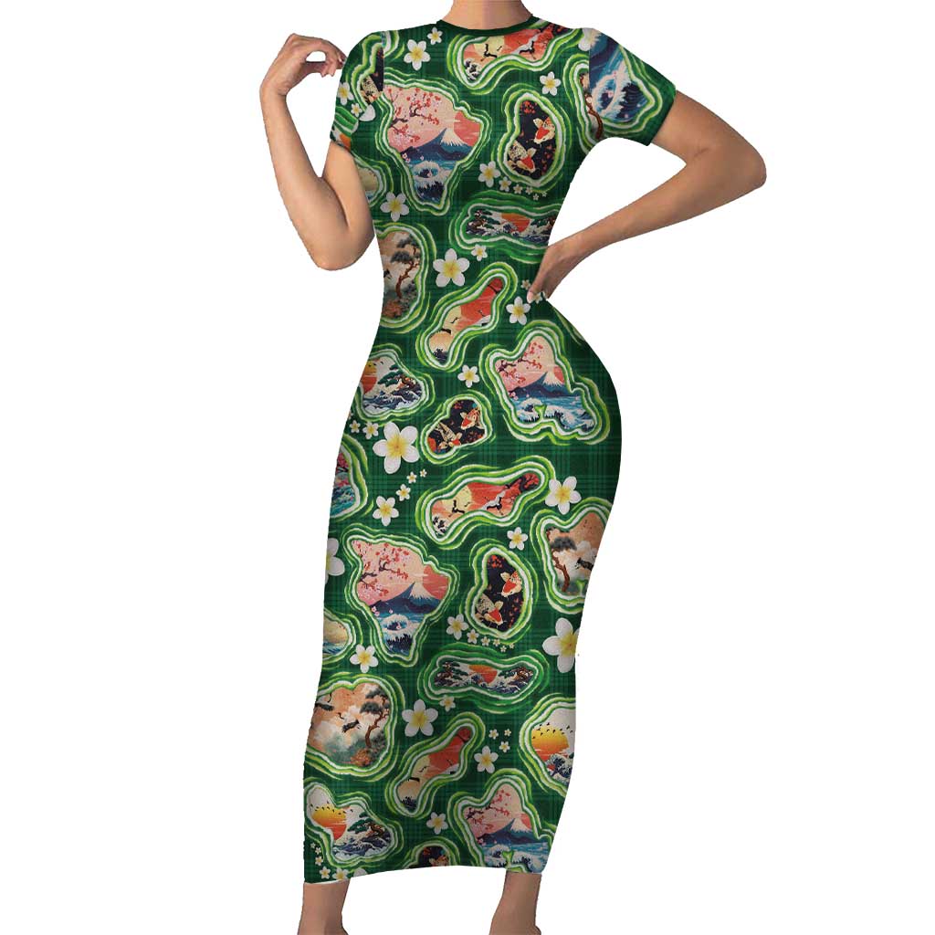 Hawaiian and Japanese Culture Together Short Sleeve Bodycon Dress Hawaiian Island Shapes with Japanese Landscape Green Color LT03 Long Dress Green - Polynesian Pride