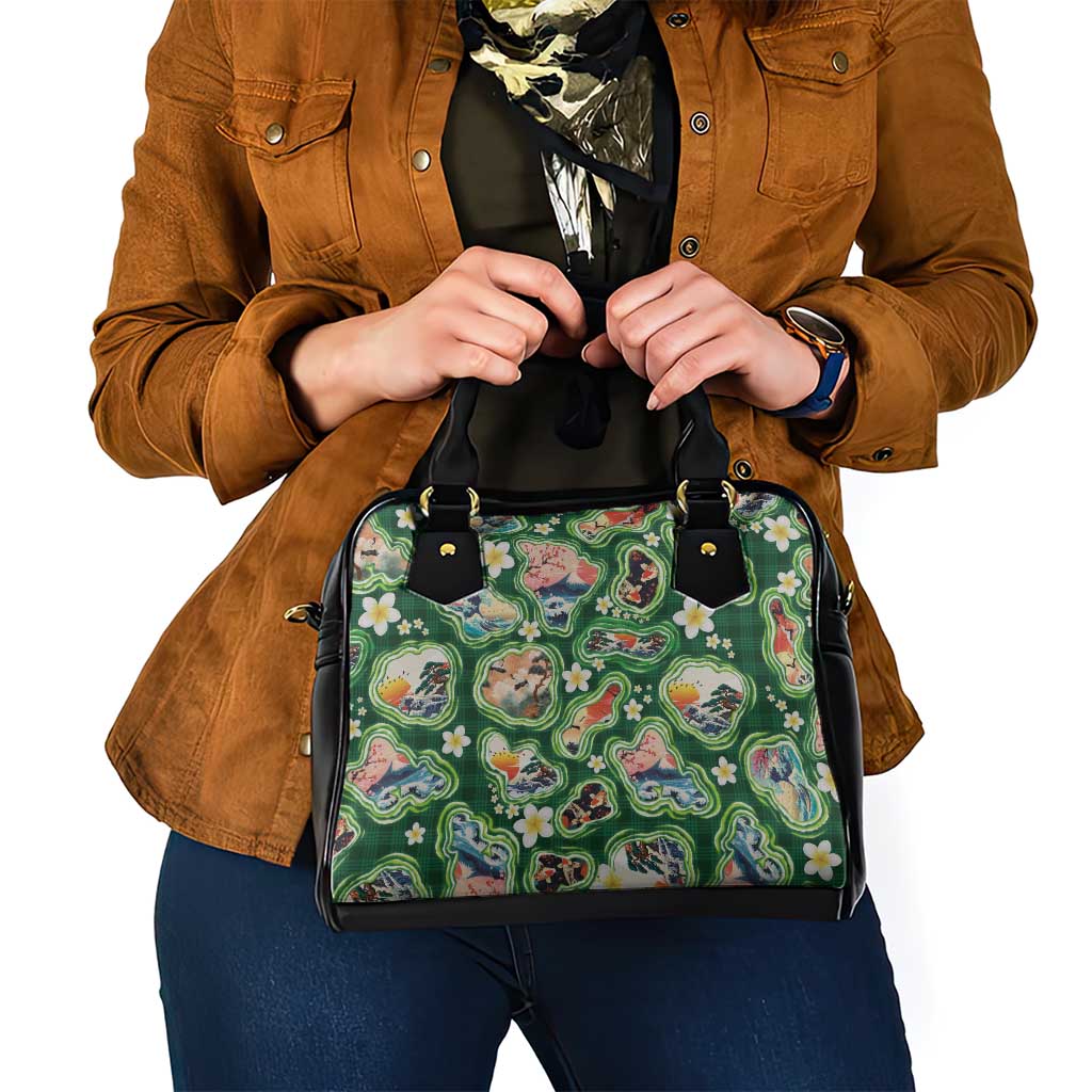 Hawaiian and Japanese Culture Together Shoulder Handbag Hawaiian Island Shapes with Japanese Landscape Green Color LT03 - Polynesian Pride