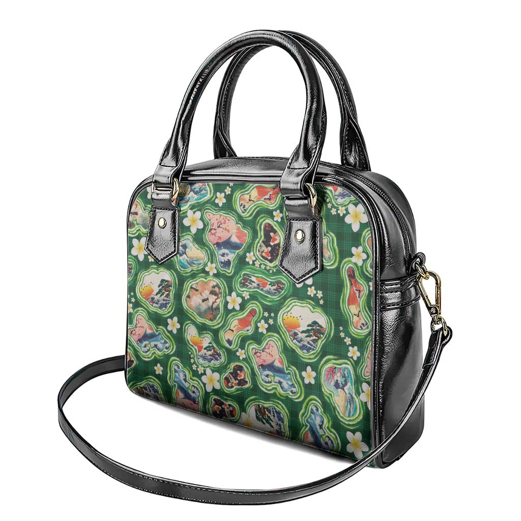 Hawaiian and Japanese Culture Together Shoulder Handbag Hawaiian Island Shapes with Japanese Landscape Green Color LT03 - Polynesian Pride