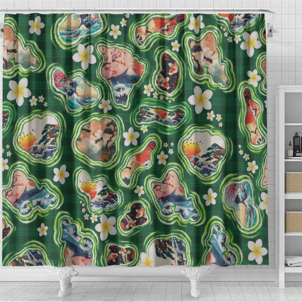 Hawaiian and Japanese Culture Together Shower Curtain Hawaiian Island Shapes with Japanese Landscape Green Color LT03 - Polynesian Pride