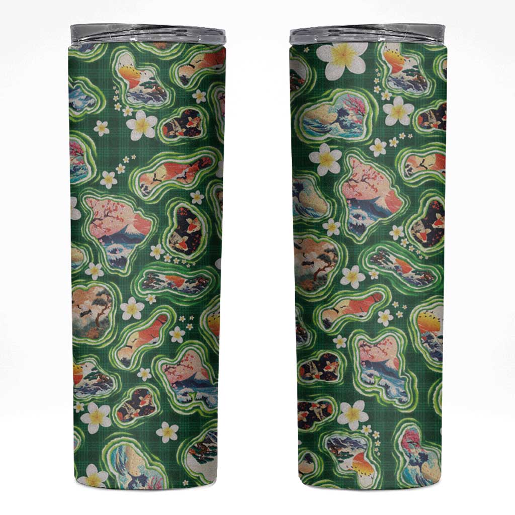Hawaiian and Japanese Culture Together Skinny Tumbler Hawaiian Island Shapes with Japanese Landscape Green Color