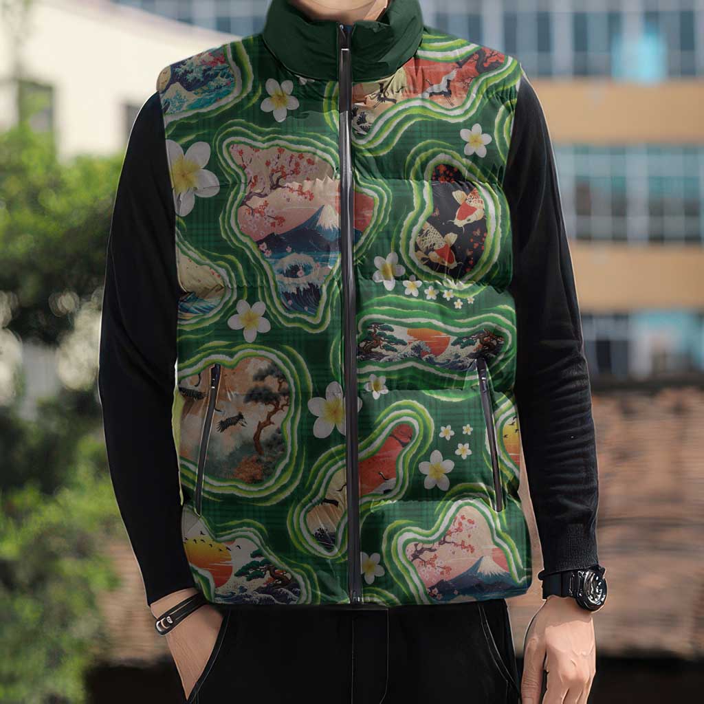 Hawaiian and Japanese Culture Together Sleeveless Puffer Jacket Hawaiian Island Shapes with Japanese Landscape Green Color LT03 - Polynesian Pride