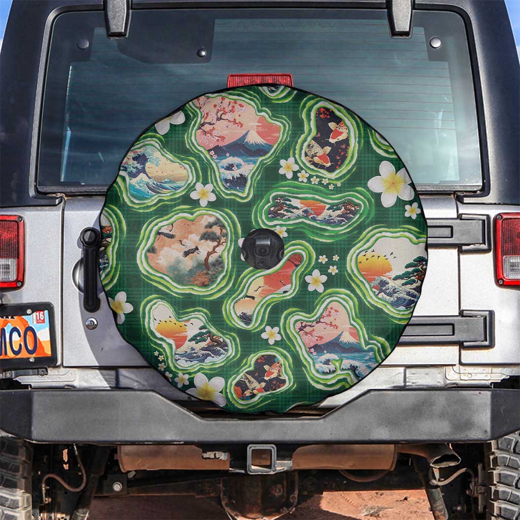 Hawaiian and Japanese Culture Together Spare Tire Cover Hawaiian Island Shapes with Japanese Landscape Green Color LT03 Green - Polynesian Pride