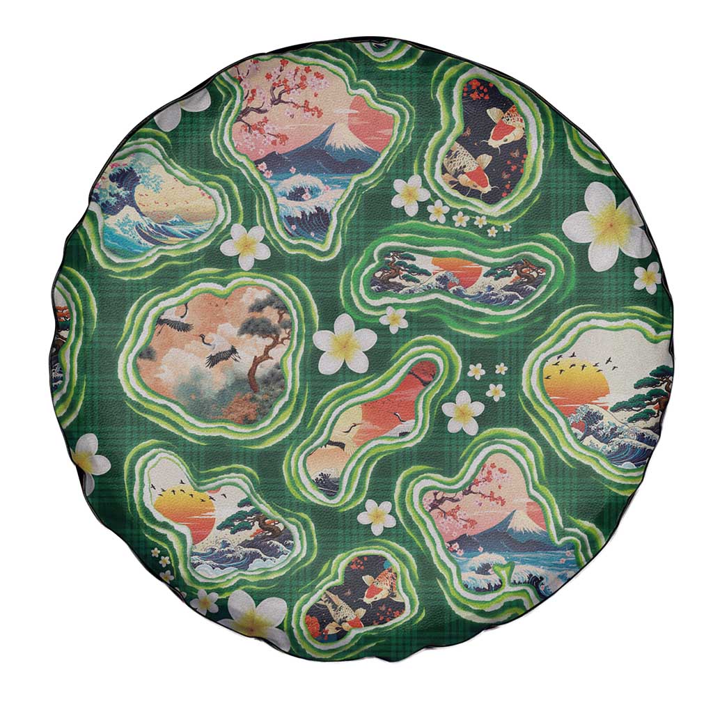 Hawaiian and Japanese Culture Together Spare Tire Cover Hawaiian Island Shapes with Japanese Landscape Green Color LT03 - Polynesian Pride