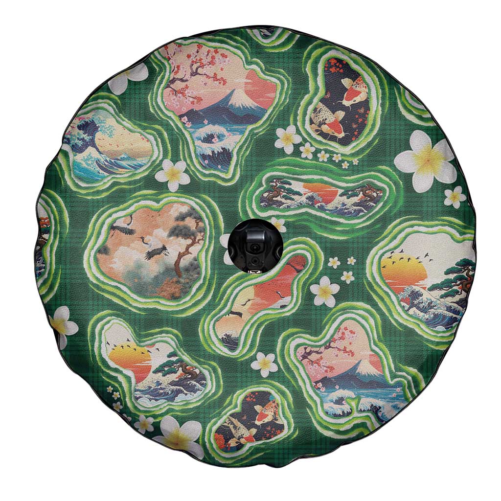 Hawaiian and Japanese Culture Together Spare Tire Cover Hawaiian Island Shapes with Japanese Landscape Green Color LT03 - Polynesian Pride