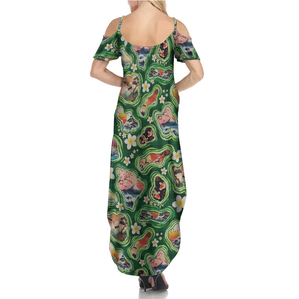 Hawaiian and Japanese Culture Together Summer Maxi Dress Hawaiian Island Shapes with Japanese Landscape Green Color LT03 - Polynesian Pride