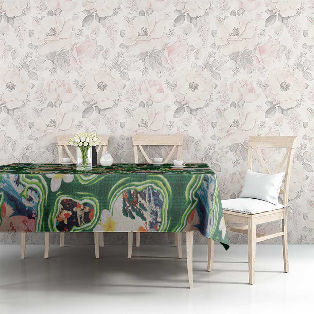 Hawaiian and Japanese Culture Together Tablecloth Hawaiian Island Shapes with Japanese Landscape Green Color LT03 - Polynesian Pride
