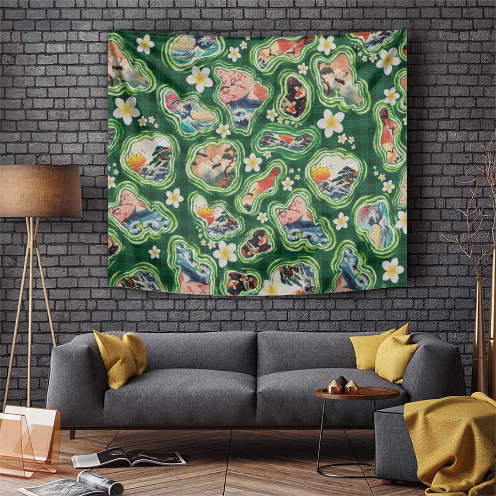 Hawaiian and Japanese Culture Together Tapestry Hawaiian Island Shapes with Japanese Landscape Green Color LT03 Green - Polynesian Pride
