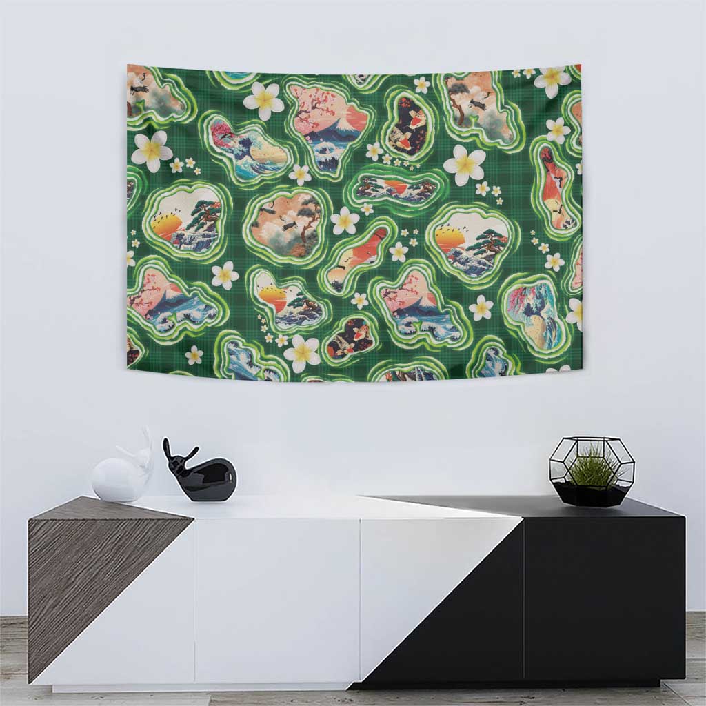 Hawaiian and Japanese Culture Together Tapestry Hawaiian Island Shapes with Japanese Landscape Green Color LT03 - Polynesian Pride