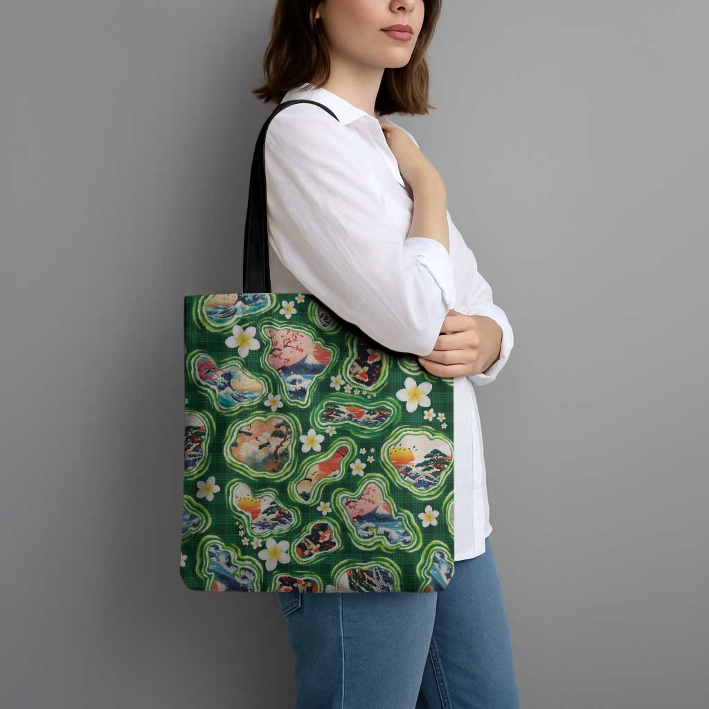 Hawaiian and Japanese Culture Together Tote Bag Hawaiian Island Shapes with Japanese Landscape Green Color LT03 - Polynesian Pride