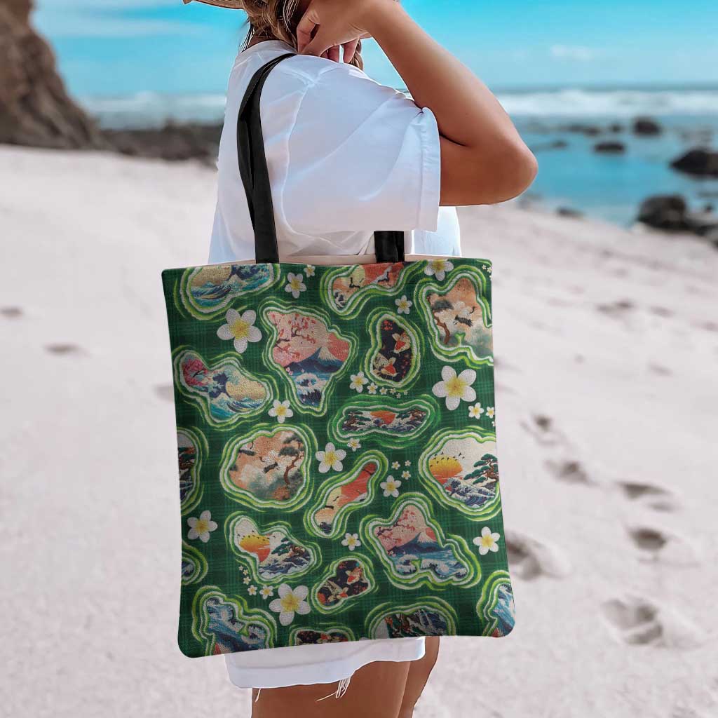 Hawaiian and Japanese Culture Together Tote Bag Hawaiian Island Shapes with Japanese Landscape Green Color LT03 - Polynesian Pride