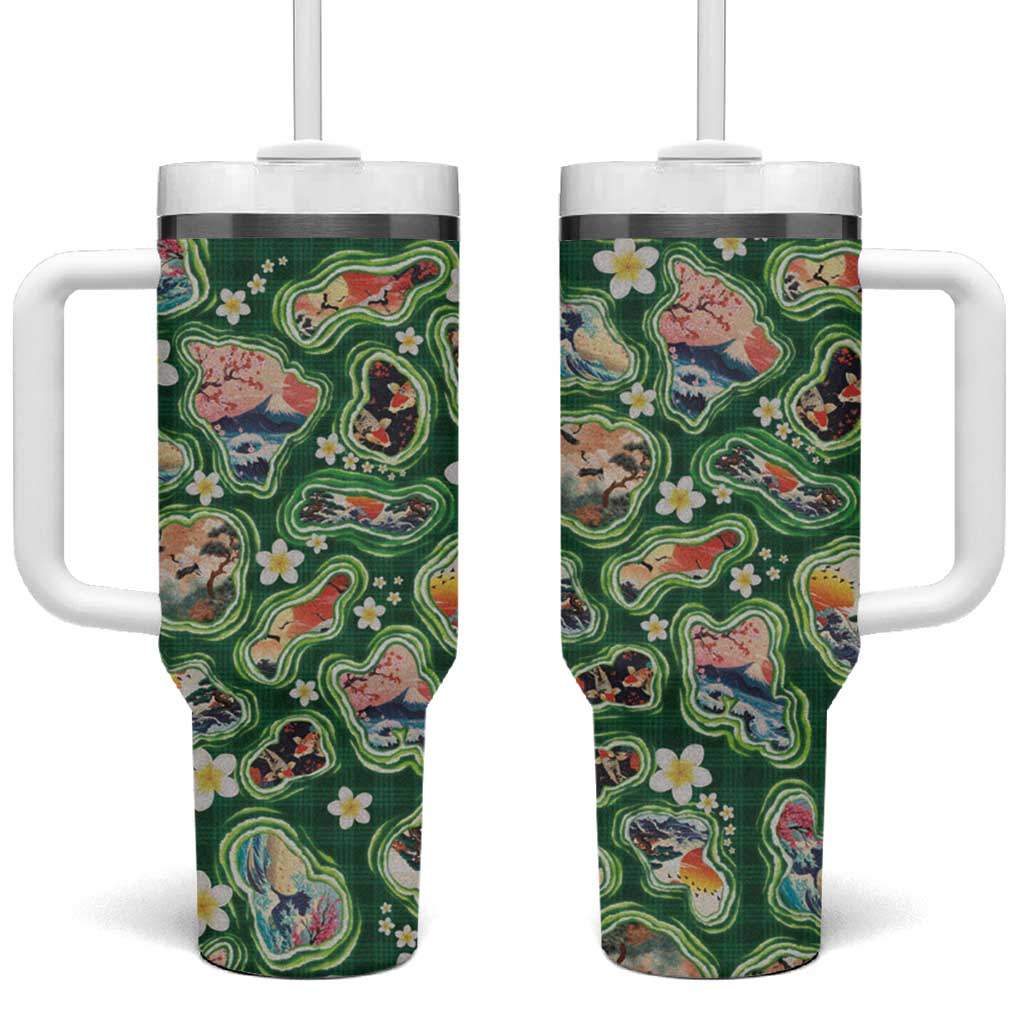 Hawaiian and Japanese Culture Together Tumbler With Handle Hawaiian Island Shapes with Japanese Landscape Green Color