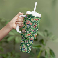 Hawaiian and Japanese Culture Together Tumbler With Handle Hawaiian Island Shapes with Japanese Landscape Green Color