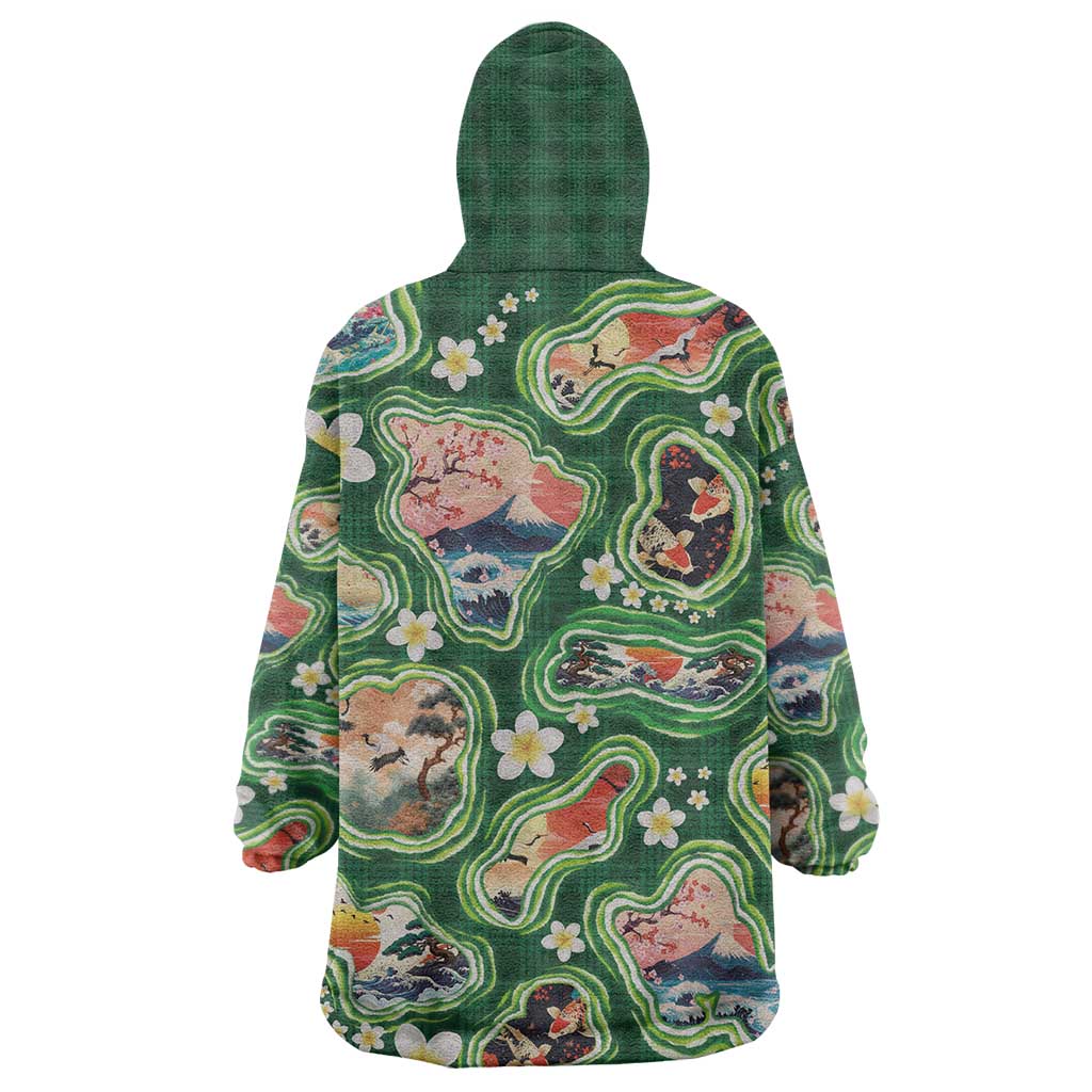 Hawaiian and Japanese Culture Together Wearable Blanket Hoodie Hawaiian Island Shapes with Japanese Landscape Green Color LT03 - Polynesian Pride