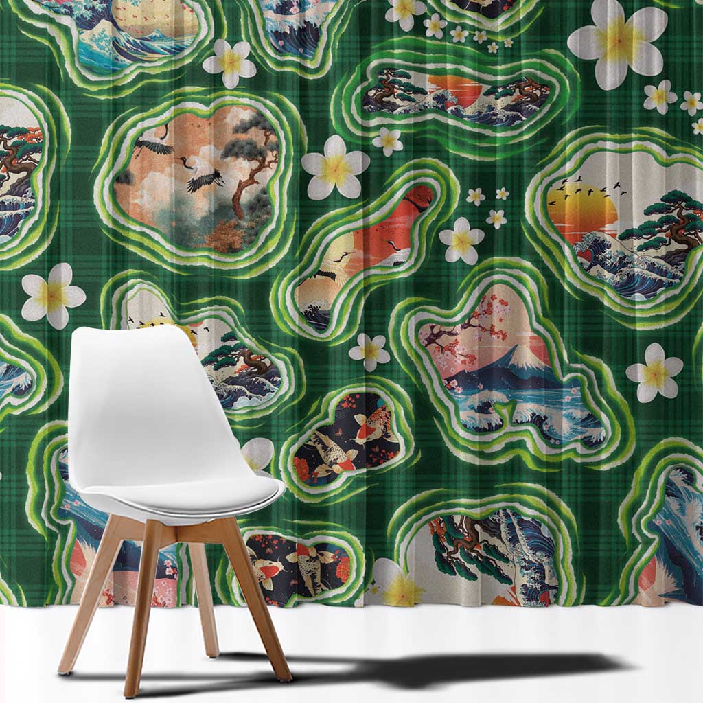 Hawaiian and Japanese Culture Together Window Curtain Hawaiian Island Shapes with Japanese Landscape Green Color LT03 - Polynesian Pride