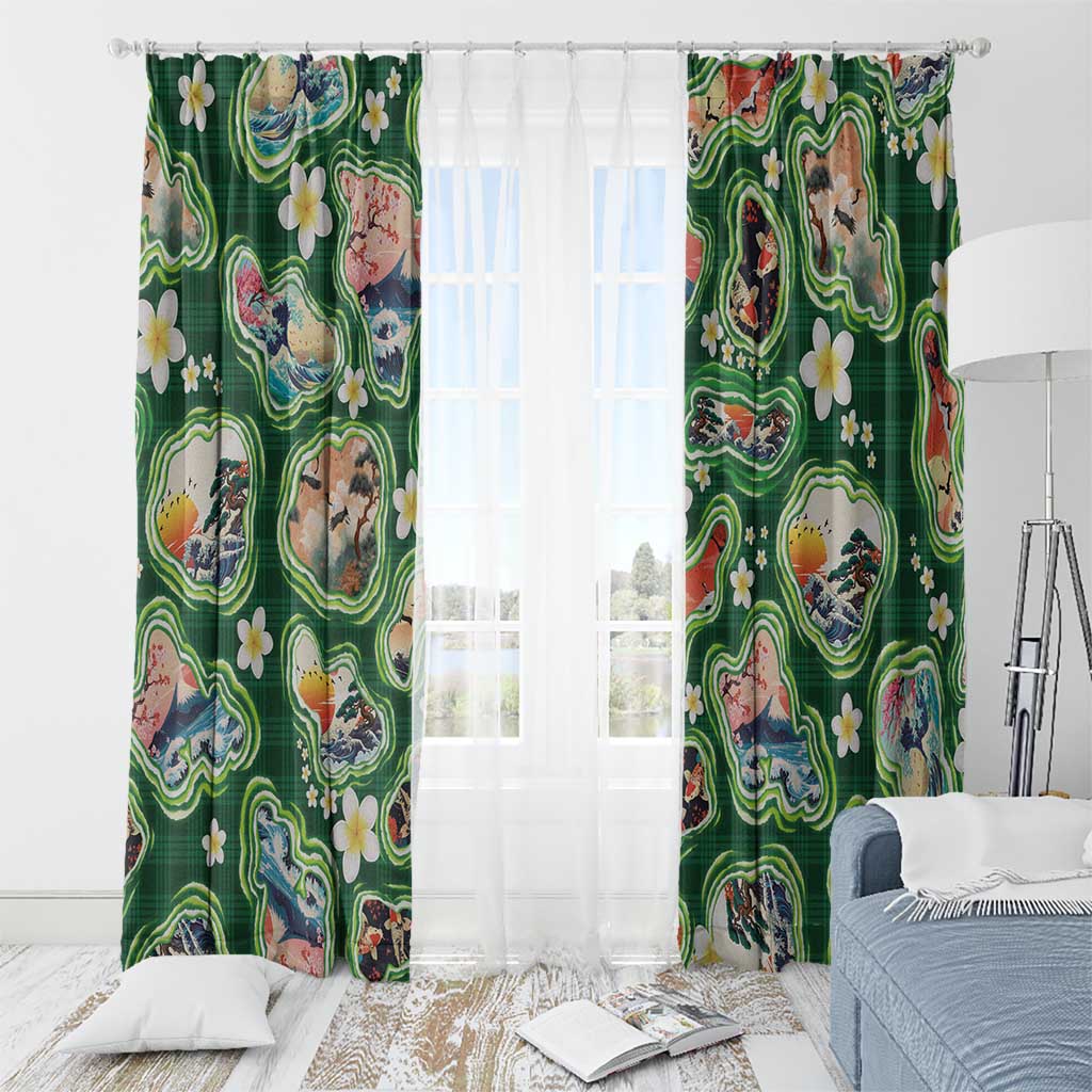 Hawaiian and Japanese Culture Together Window Curtain Hawaiian Island Shapes with Japanese Landscape Green Color LT03 - Polynesian Pride
