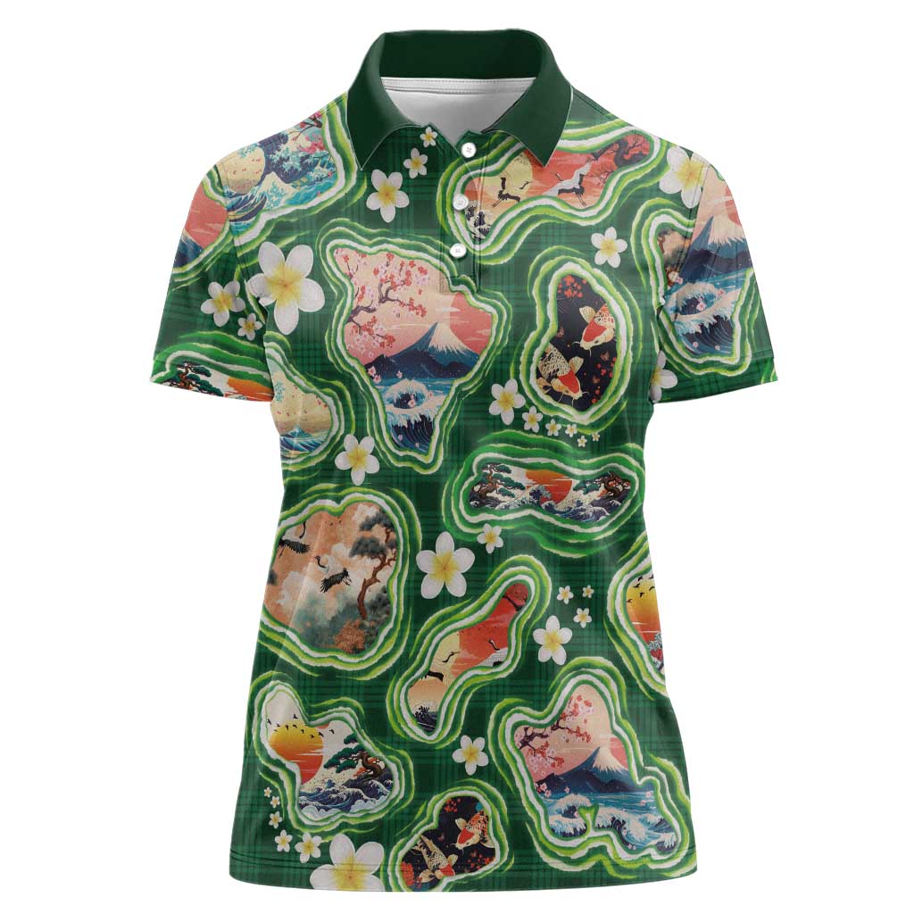 Hawaiian and Japanese Culture Together Women Polo Shirt Hawaiian Island Shapes with Japanese Landscape Green Color