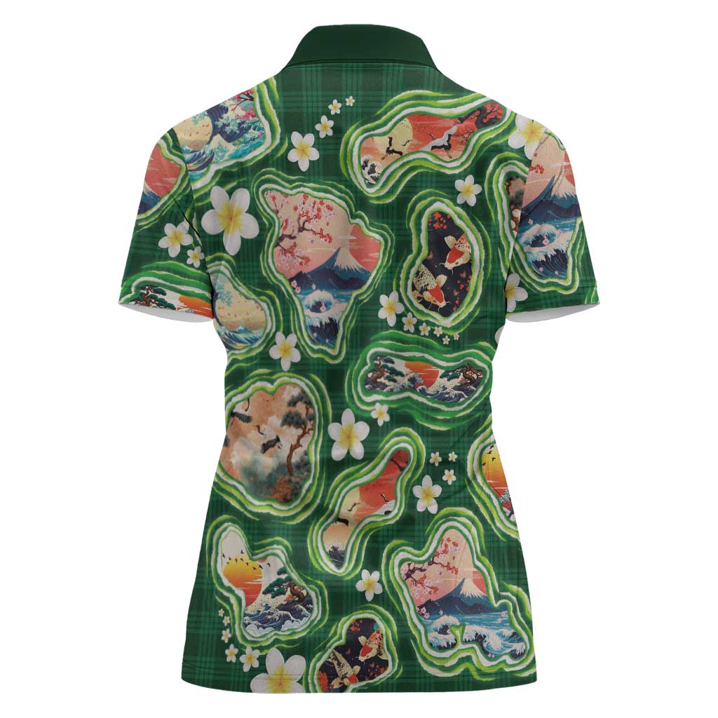 Hawaiian and Japanese Culture Together Women Polo Shirt Hawaiian Island Shapes with Japanese Landscape Green Color LT03 - Polynesian Pride