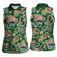 Hawaiian and Japanese Culture Together Women Sleeveless Polo Shirt Hawaiian Island Shapes with Japanese Landscape Green Color LT03 - Polynesian Pride