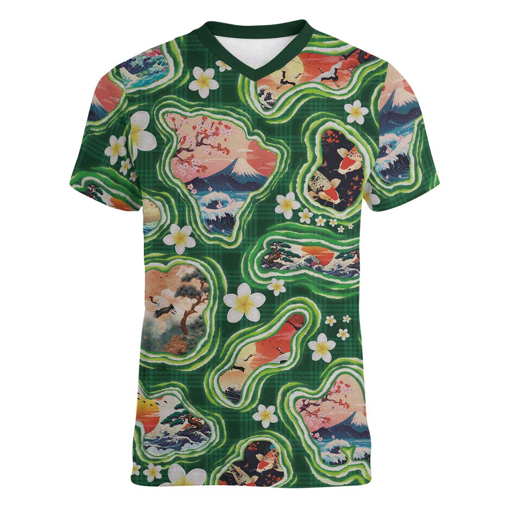 Hawaiian and Japanese Culture Together Women V-Neck T-Shirt Hawaiian Island Shapes with Japanese Landscape Green Color