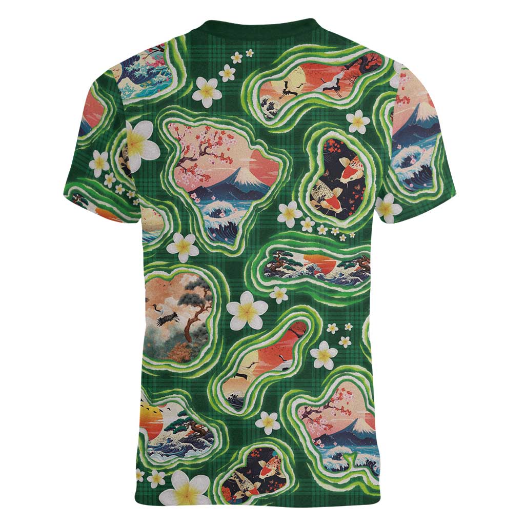Hawaiian and Japanese Culture Together Women V-Neck T-Shirt Hawaiian Island Shapes with Japanese Landscape Green Color LT03 - Polynesian Pride