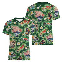 Hawaiian and Japanese Culture Together Women V-Neck T-Shirt Hawaiian Island Shapes with Japanese Landscape Green Color LT03 - Polynesian Pride