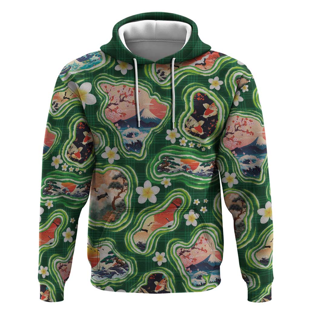 Hawaiian and Japanese Culture Together Zip Hoodie Hawaiian Island Shapes with Japanese Landscape Green Color LT03 Pullover Hoodie Green - Polynesian Pride