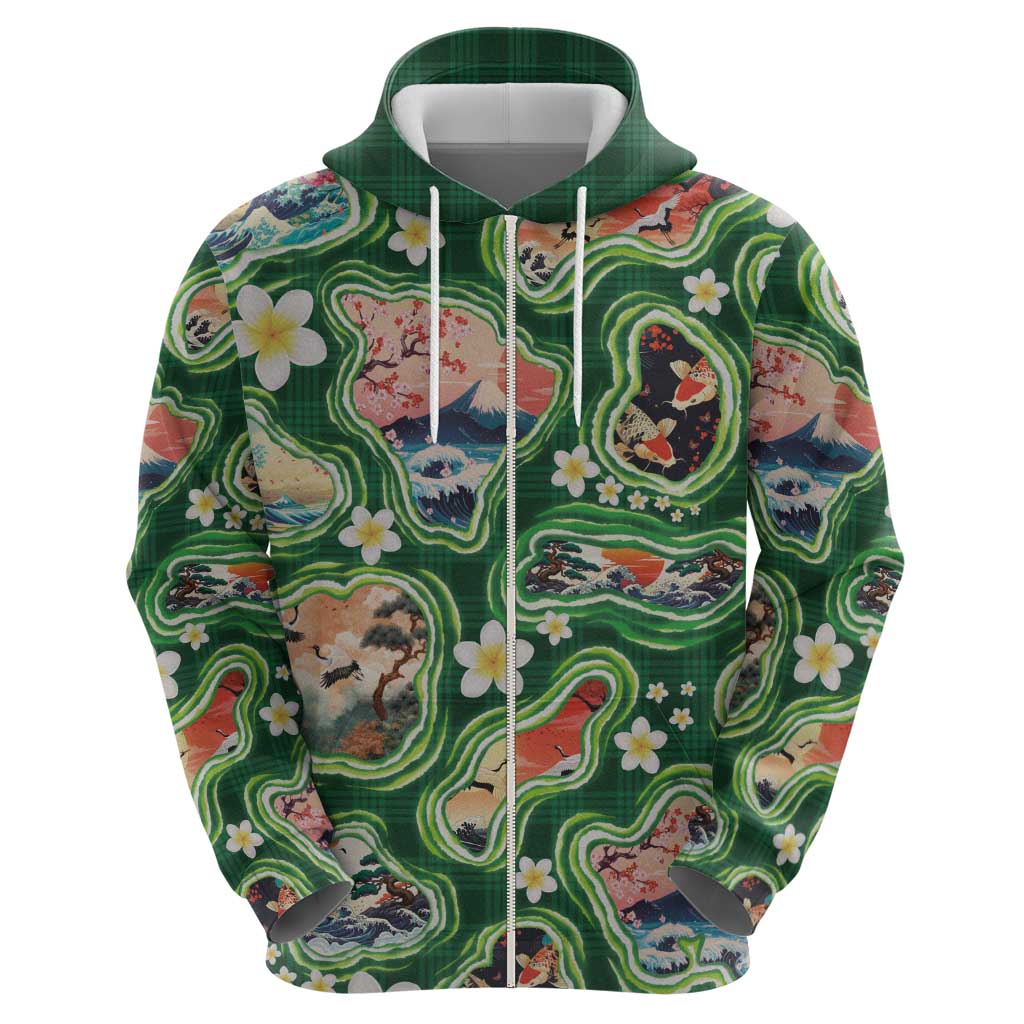 Hawaiian and Japanese Culture Together Zip Hoodie Hawaiian Island Shapes with Japanese Landscape Green Color LT03 - Polynesian Pride