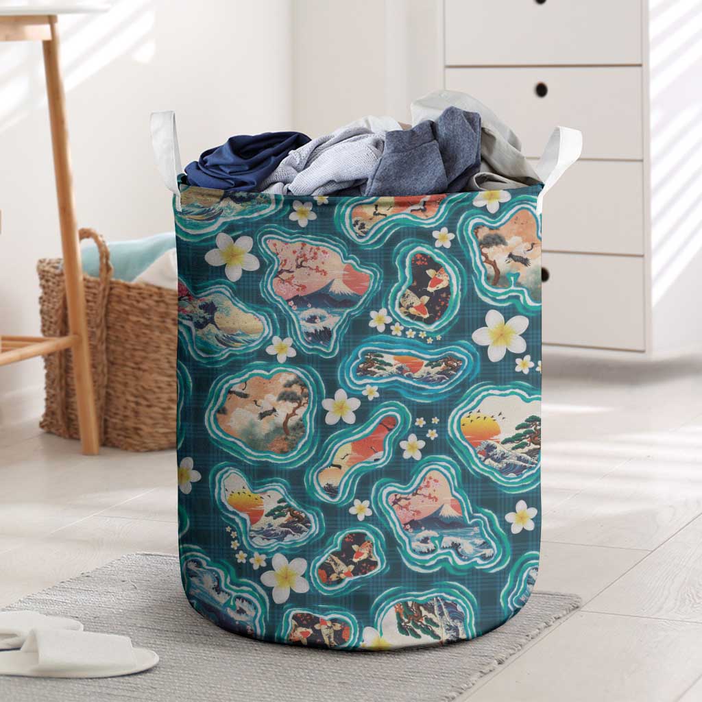 Hawaiian and Japanese Culture Together Laundry Basket Hawaiian Island Shapes with Japanese Landscape Teal Color LT03 Teal - Polynesian Pride