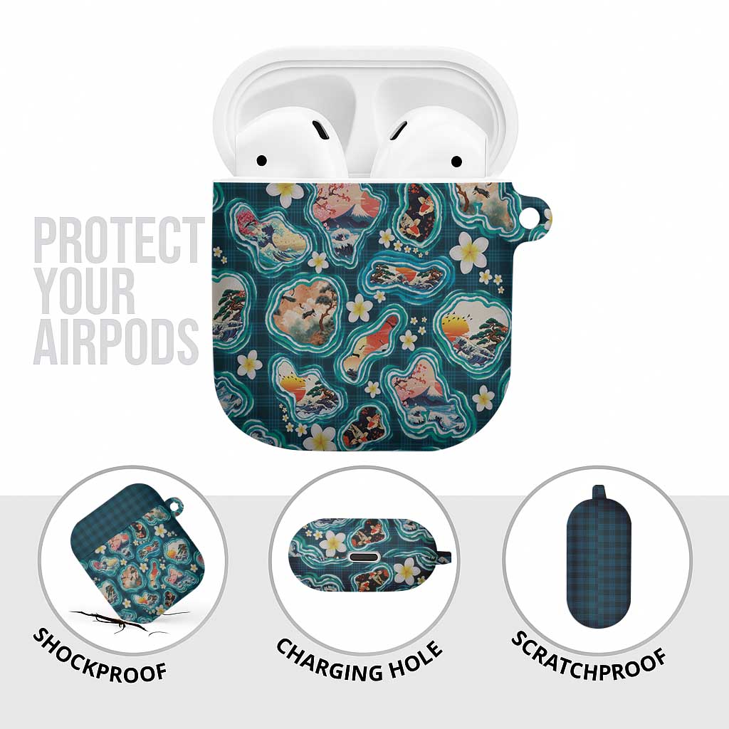 Hawaiian and Japanese Culture Together AirPods Case Hawaiian Island Shapes with Japanese Landscape Teal Color LT03 - Polynesian Pride