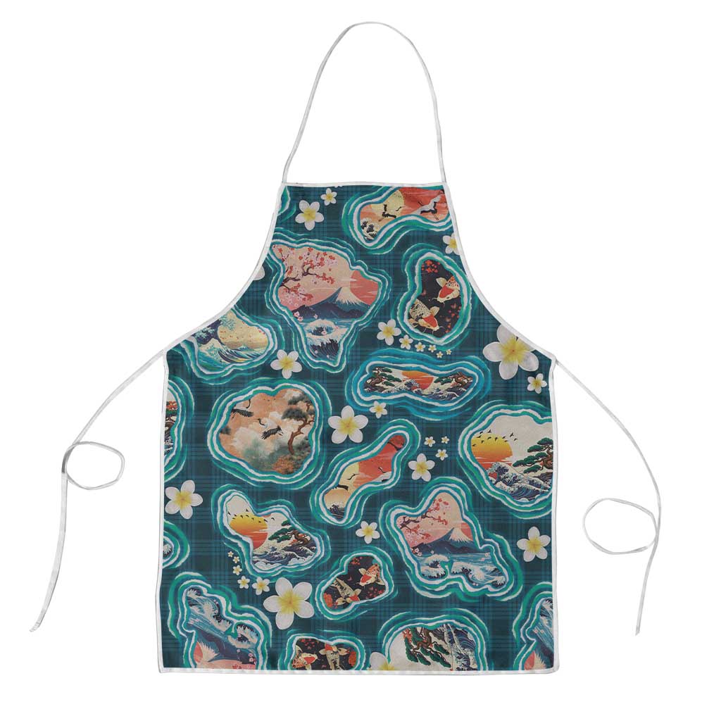 Hawaiian and Japanese Culture Together Apron Hawaiian Island Shapes with Japanese Landscape Teal Color