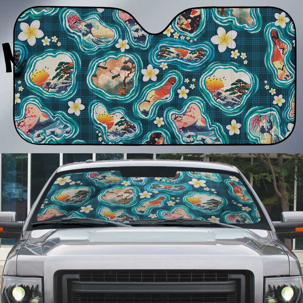 Hawaiian and Japanese Culture Together Auto Sun Shade Hawaiian Island Shapes with Japanese Landscape Teal Color