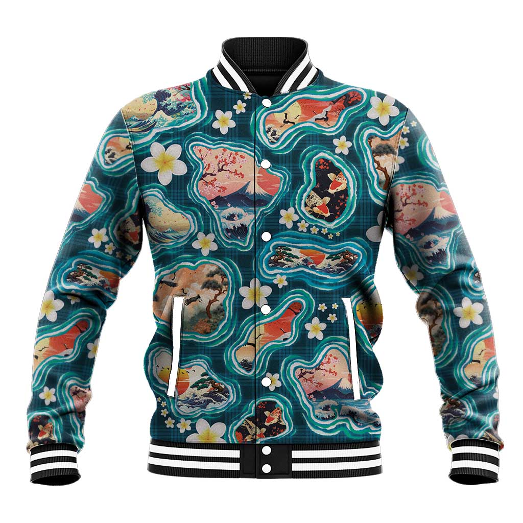 Hawaiian and Japanese Culture Together Baseball Jacket Hawaiian Island Shapes with Japanese Landscape Teal Color