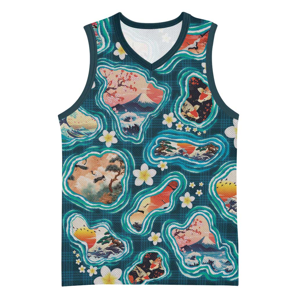 Hawaiian and Japanese Culture Together Basketball Jersey Hawaiian Island Shapes with Japanese Landscape Teal Color