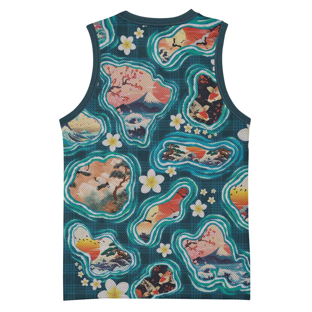 Hawaiian and Japanese Culture Together Basketball Jersey Hawaiian Island Shapes with Japanese Landscape Teal Color LT03 - Polynesian Pride