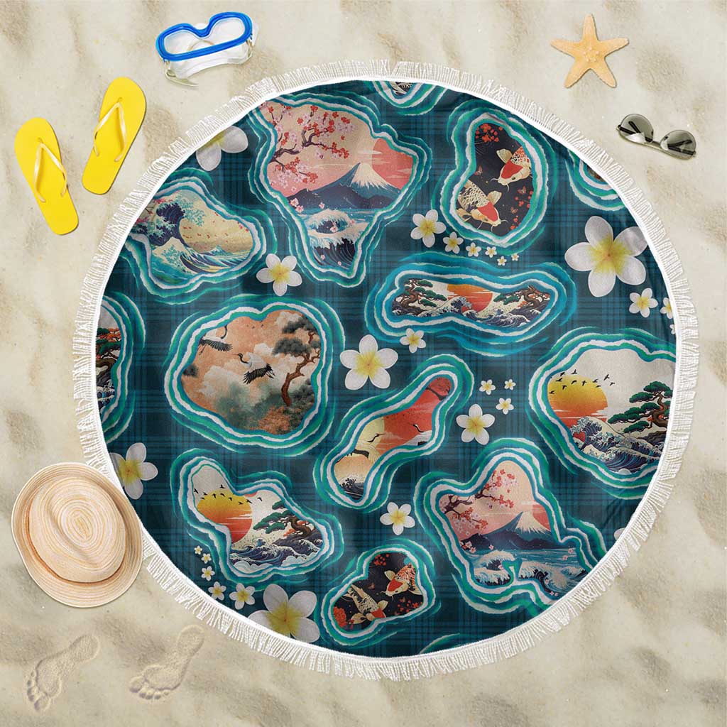 Hawaiian and Japanese Culture Together Beach Blanket Hawaiian Island Shapes with Japanese Landscape Teal Color