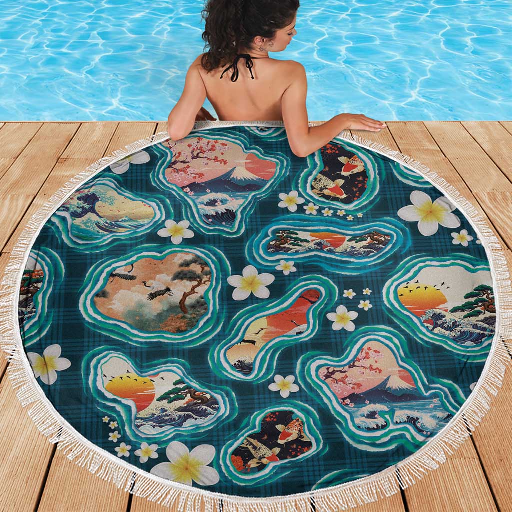 Hawaiian and Japanese Culture Together Beach Blanket Hawaiian Island Shapes with Japanese Landscape Teal Color LT03 - Polynesian Pride