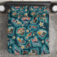Hawaiian and Japanese Culture Together Bedding Set Hawaiian Island Shapes with Japanese Landscape Teal Color