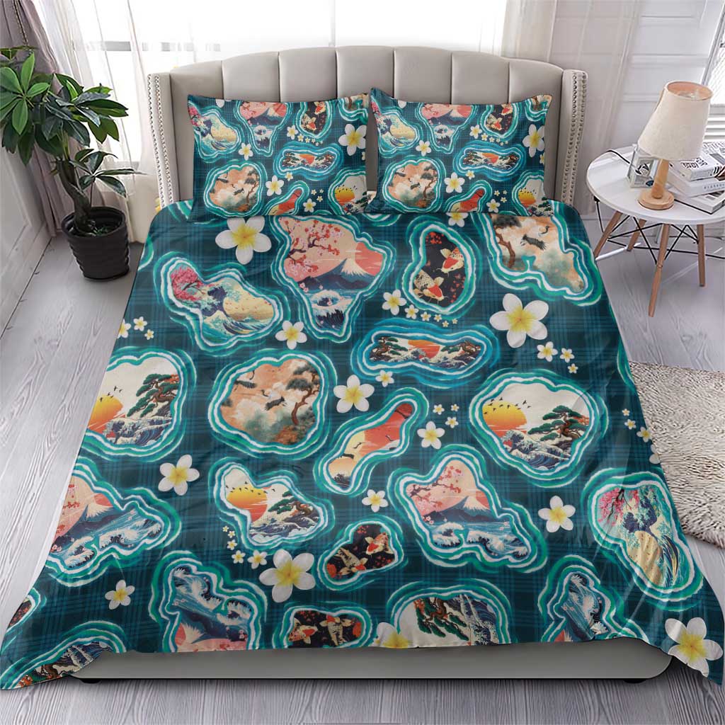 Hawaiian and Japanese Culture Together Bedding Set Hawaiian Island Shapes with Japanese Landscape Teal Color