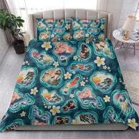 Hawaiian and Japanese Culture Together Bedding Set Hawaiian Island Shapes with Japanese Landscape Teal Color