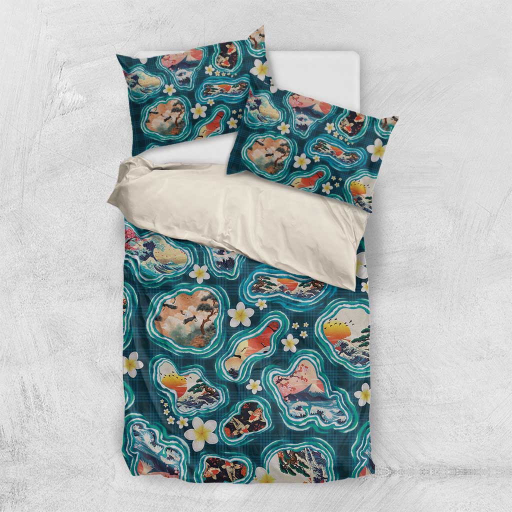Hawaiian and Japanese Culture Together Bedding Set Hawaiian Island Shapes with Japanese Landscape Teal Color