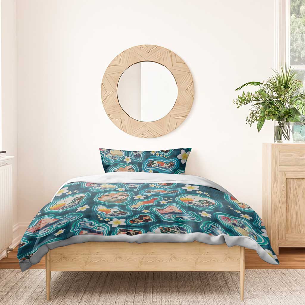 Hawaiian and Japanese Culture Together Bedding Set Hawaiian Island Shapes with Japanese Landscape Teal Color
