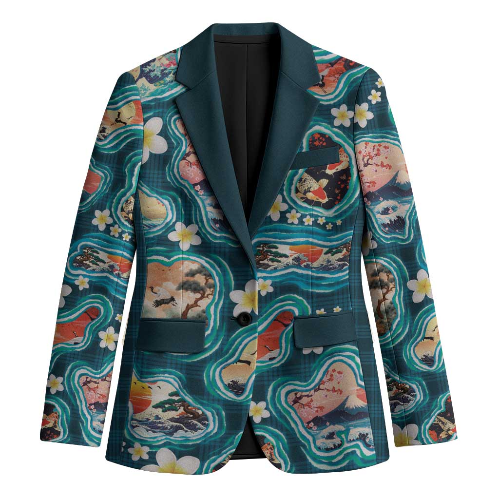 Hawaiian and Japanese Culture Together Blazer Hawaiian Island Shapes with Japanese Landscape Teal Color