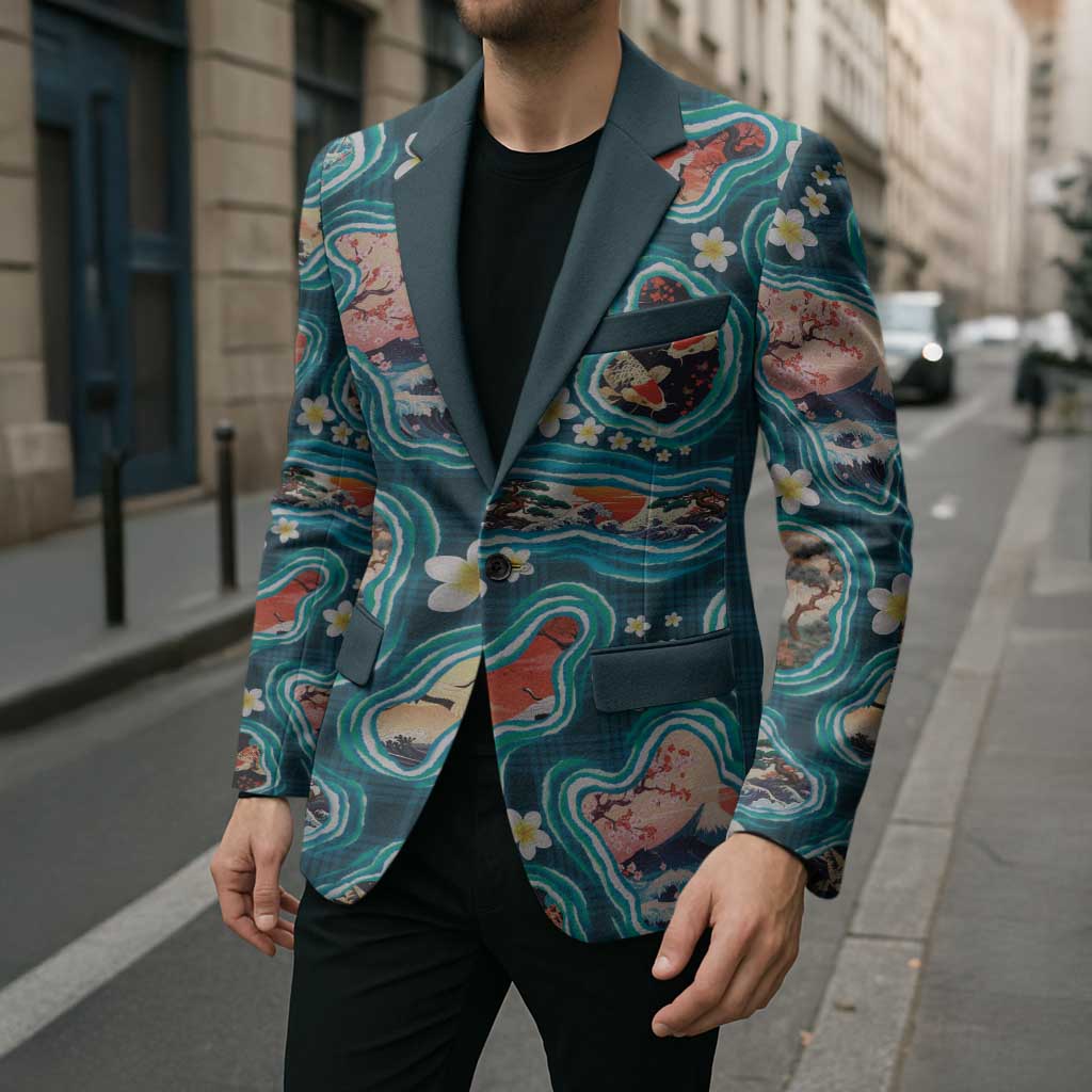 Hawaiian and Japanese Culture Together Blazer Hawaiian Island Shapes with Japanese Landscape Teal Color LT03 - Polynesian Pride