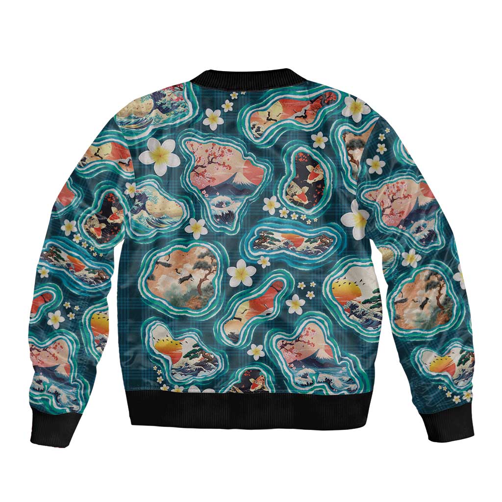 Hawaiian and Japanese Culture Together Bomber Jacket Hawaiian Island Shapes with Japanese Landscape Teal Color LT03 - Polynesian Pride