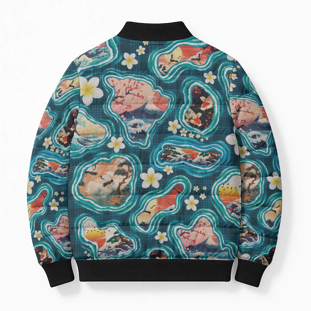 Hawaiian and Japanese Culture Together Bomber Puffer Jacket Hawaiian Island Shapes with Japanese Landscape Teal Color LT03 - Polynesian Pride