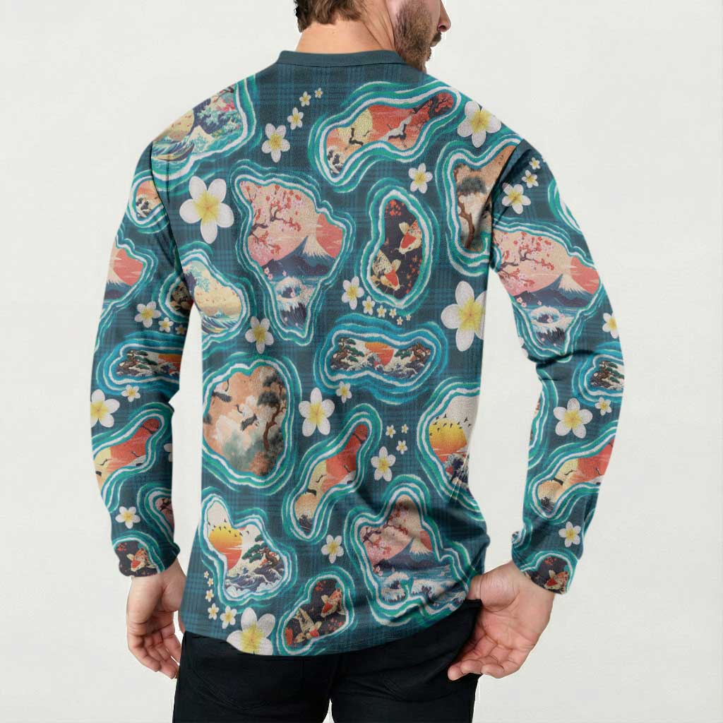 Hawaiian and Japanese Culture Together Button Sweatshirt Hawaiian Island Shapes with Japanese Landscape Teal Color LT03 - Polynesian Pride