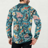 Hawaiian and Japanese Culture Together Button Sweatshirt Hawaiian Island Shapes with Japanese Landscape Teal Color LT03 - Polynesian Pride